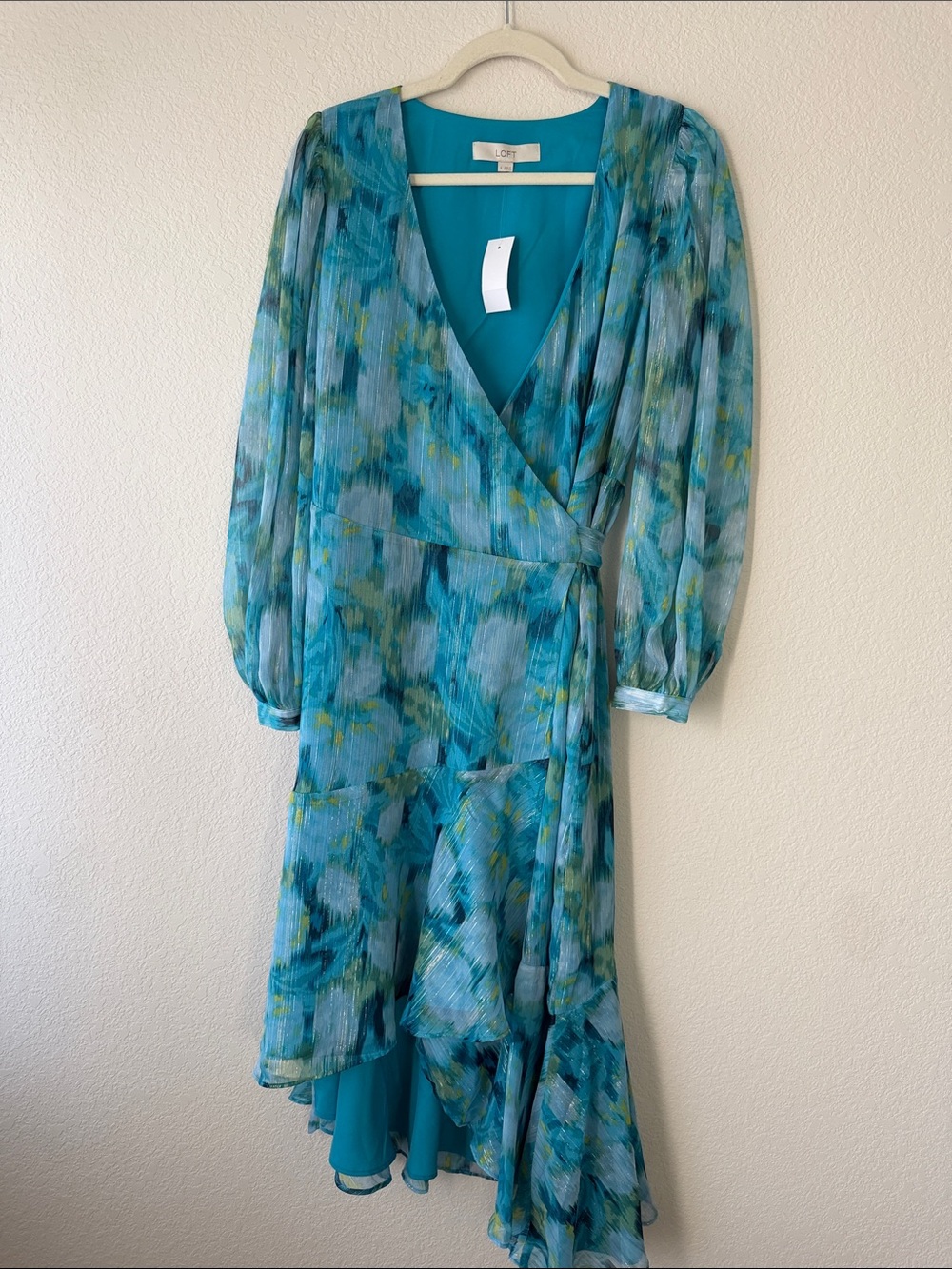 LOFT Turquoise Blue Green Floral High-Low Wrap Dress